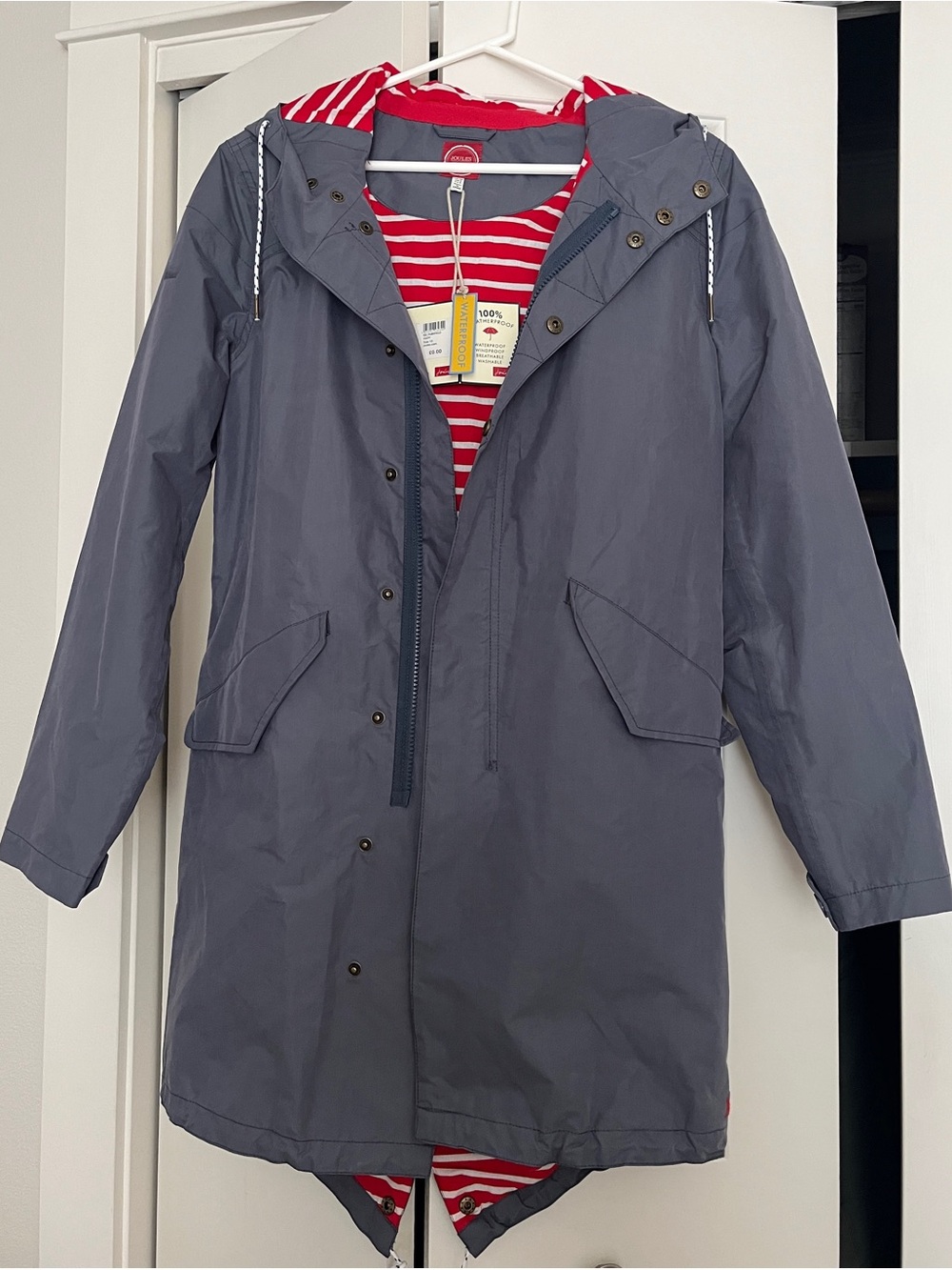 NWT Gray Hooded Raincoat with Red-White Striped Lining